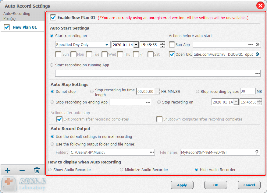 set the auto recording setting in renee audio recorder pro