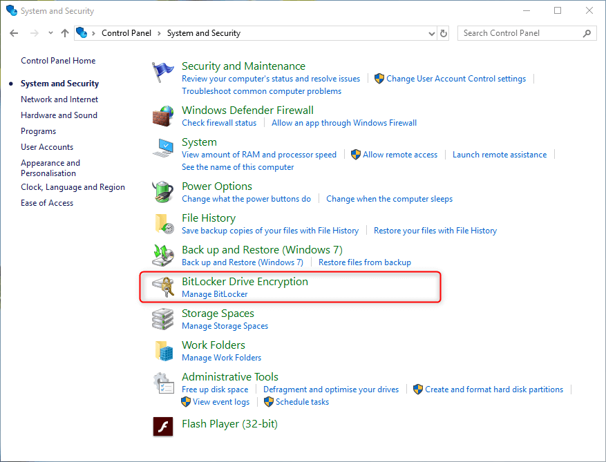 select bitlocker drive encryption in windows control panel