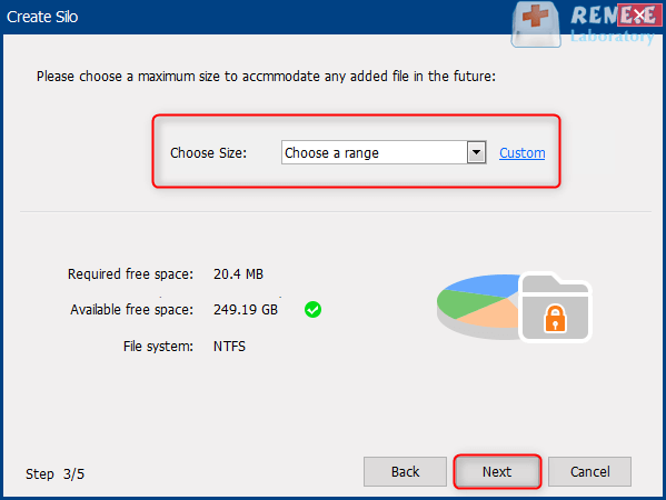 select a size range for the virtual disk in renee secure silo