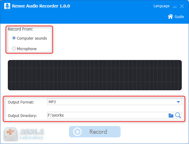 select computer sounds and output format in renee audio recorder