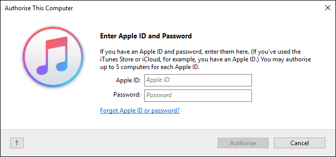 enter apple id and password to authorise itunes