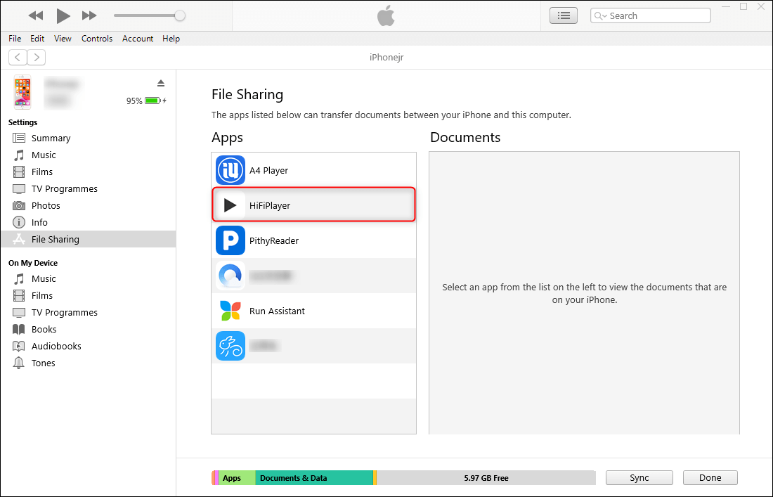 select hifi player within itunes file sharing