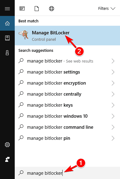 search manage bitlocker in windows search box