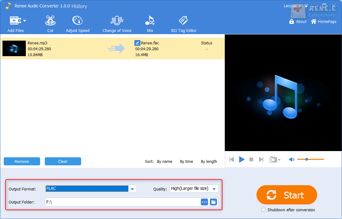 convert mp3 to flac in renee audio tools