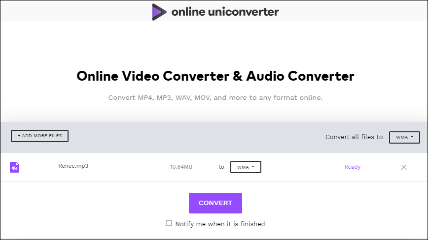 convert mp3 to wma in online uniconverter