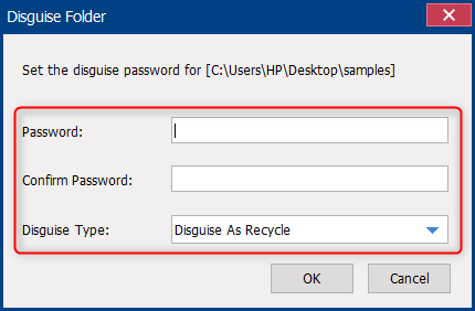 set a password and select a type for the disguise folder in renee securesilo