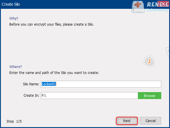 name for the disk and set the storage position in renee secure silo