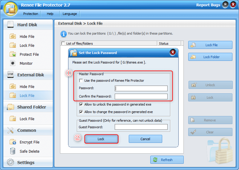 set a password to lock the usb file in renee file protector