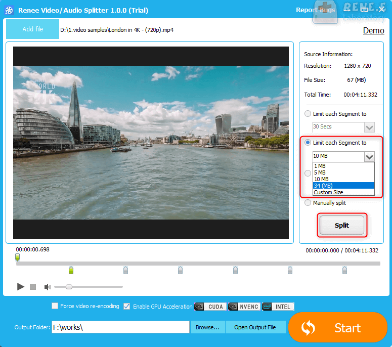 use renee video trimmer to split video by size