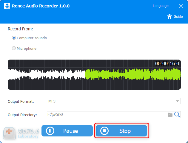 stop recording sounds in renee audio tools