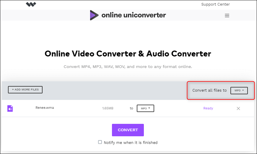 convert wma to mp3 without windows media player but with uniconverter