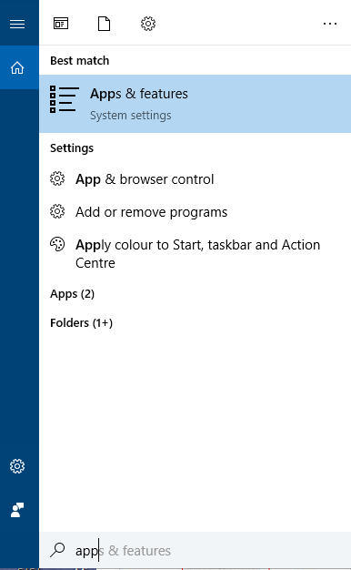 search apps and features in start menu