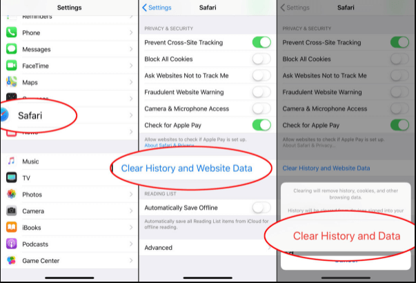 clear history and data from safari website in iphone