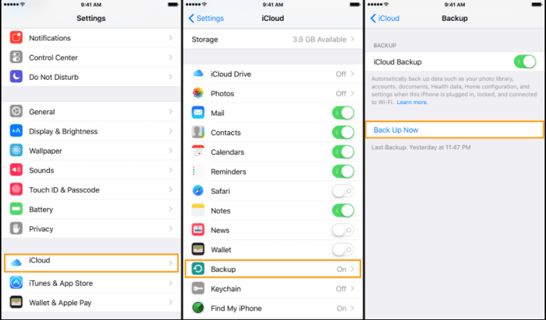 select to back up iphone now to icloud