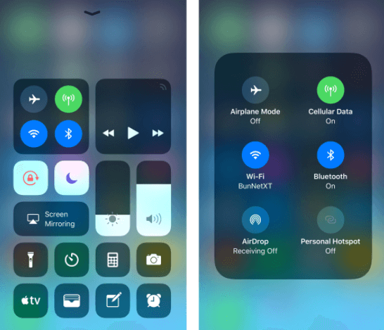 check wifi connection in iphone control center