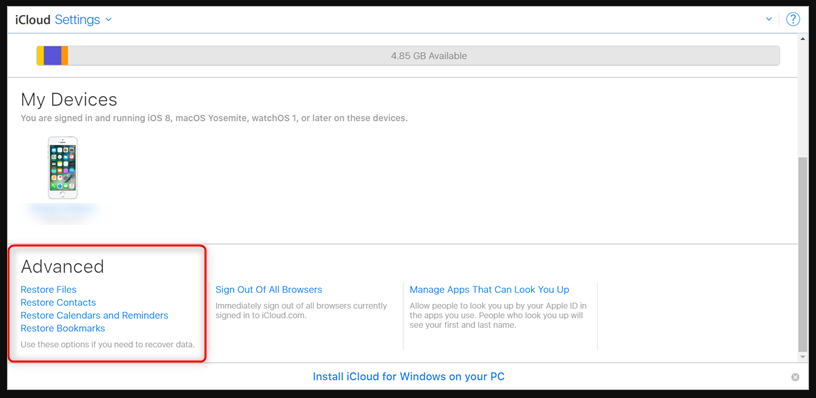 how to restore in icloud advanced options