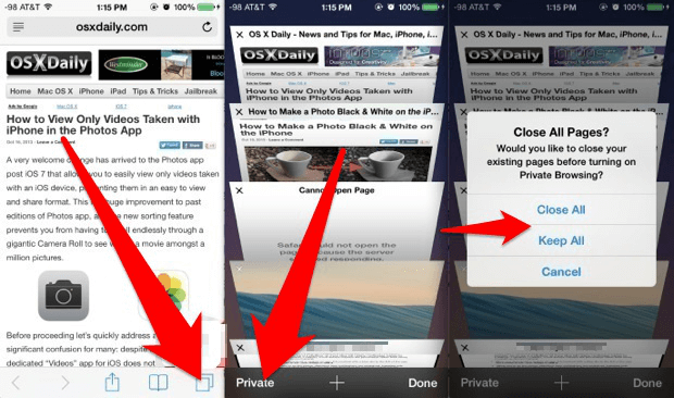 enable safari private mode on iphone