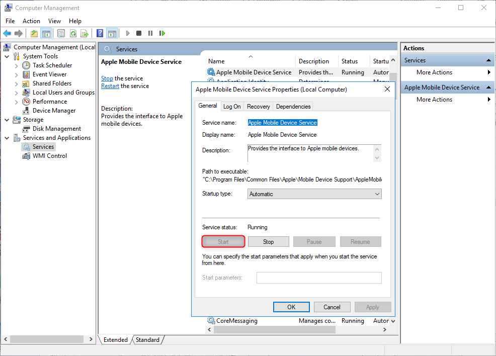 start apple mobile device services in computer management