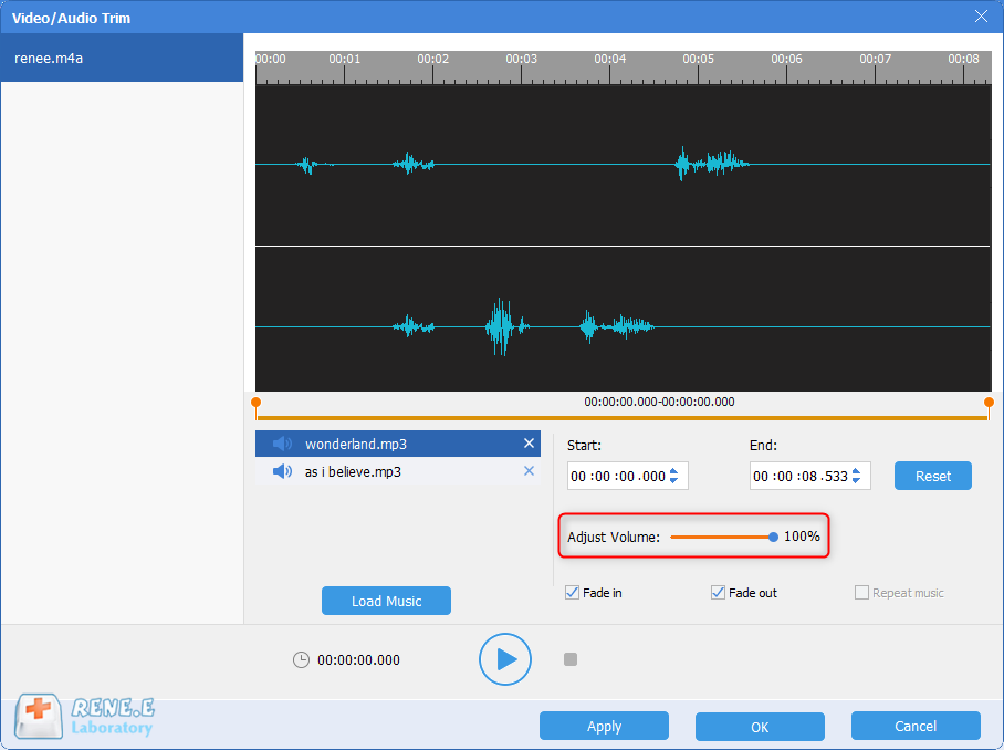 volume up or down m4a file with renee audio tools