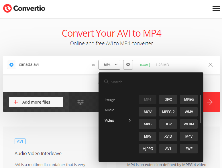 select mp4 as the output format in convertio