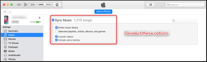 deselect to sync music in itunes
