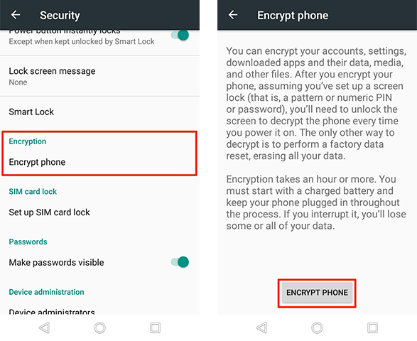 encrypt phone in settings