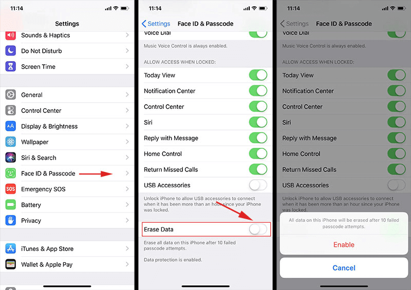 enable to erase face id and passwords