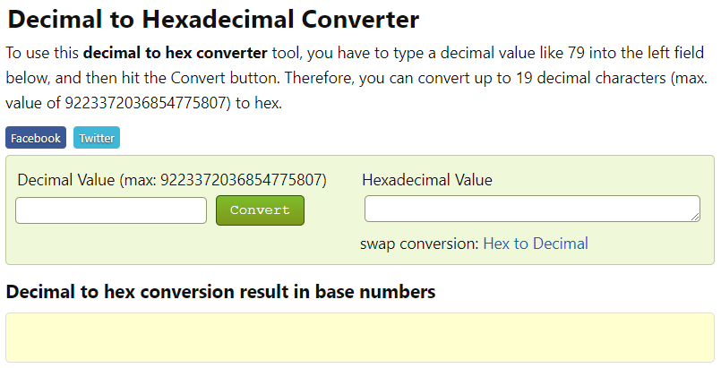 convert demical number to hexademical value online