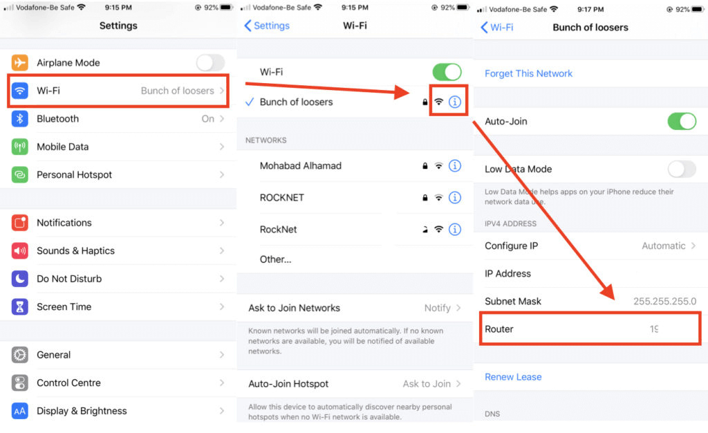 check the router address in iphone network settings
