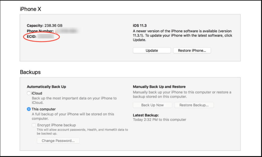 check iphone ecid number in itunes