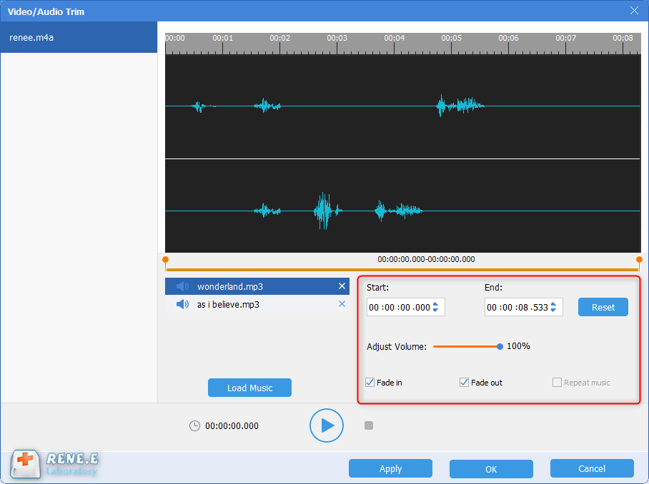 set fade in and fade out effects for m4a file