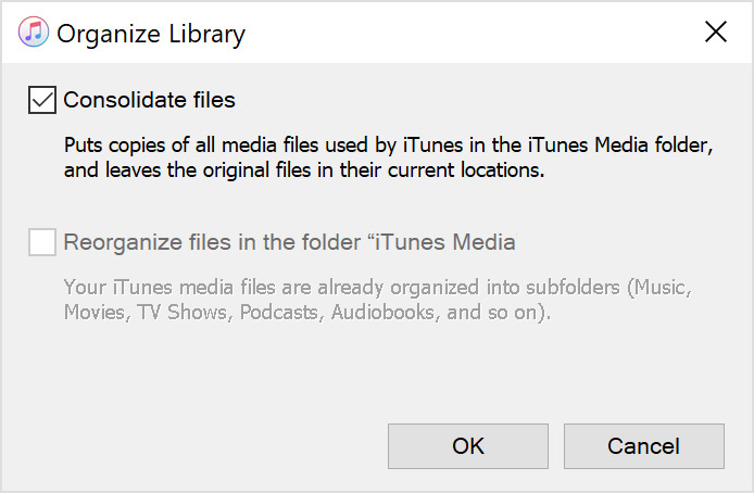 organize to consolidate the music files in itunes library