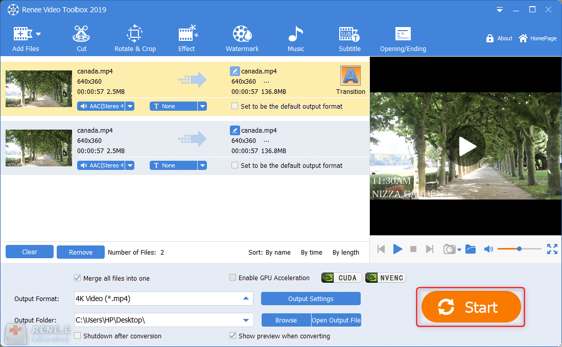 start to combine videos files in renee video editor pro