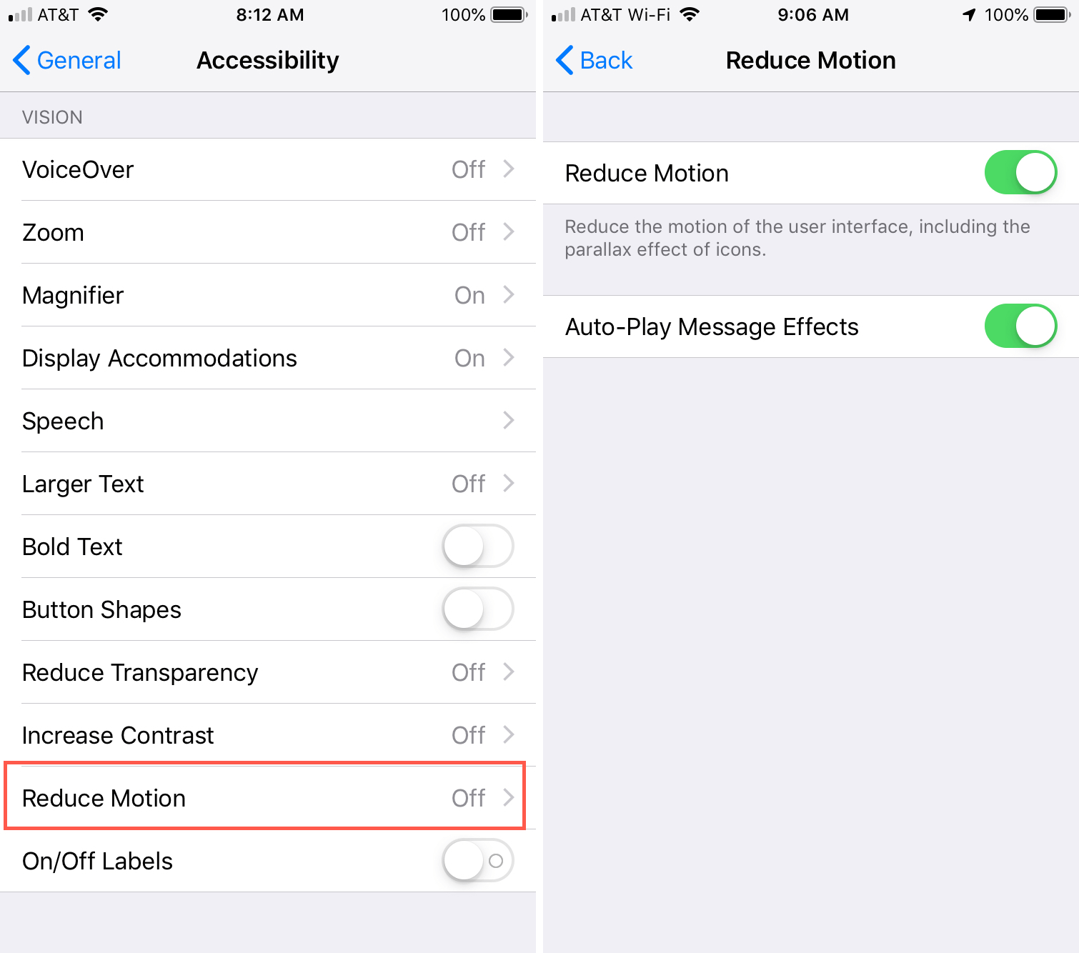 disenable motion effects in iphone accessibility