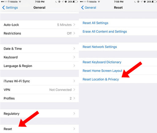 go to reset location and privary on iphone