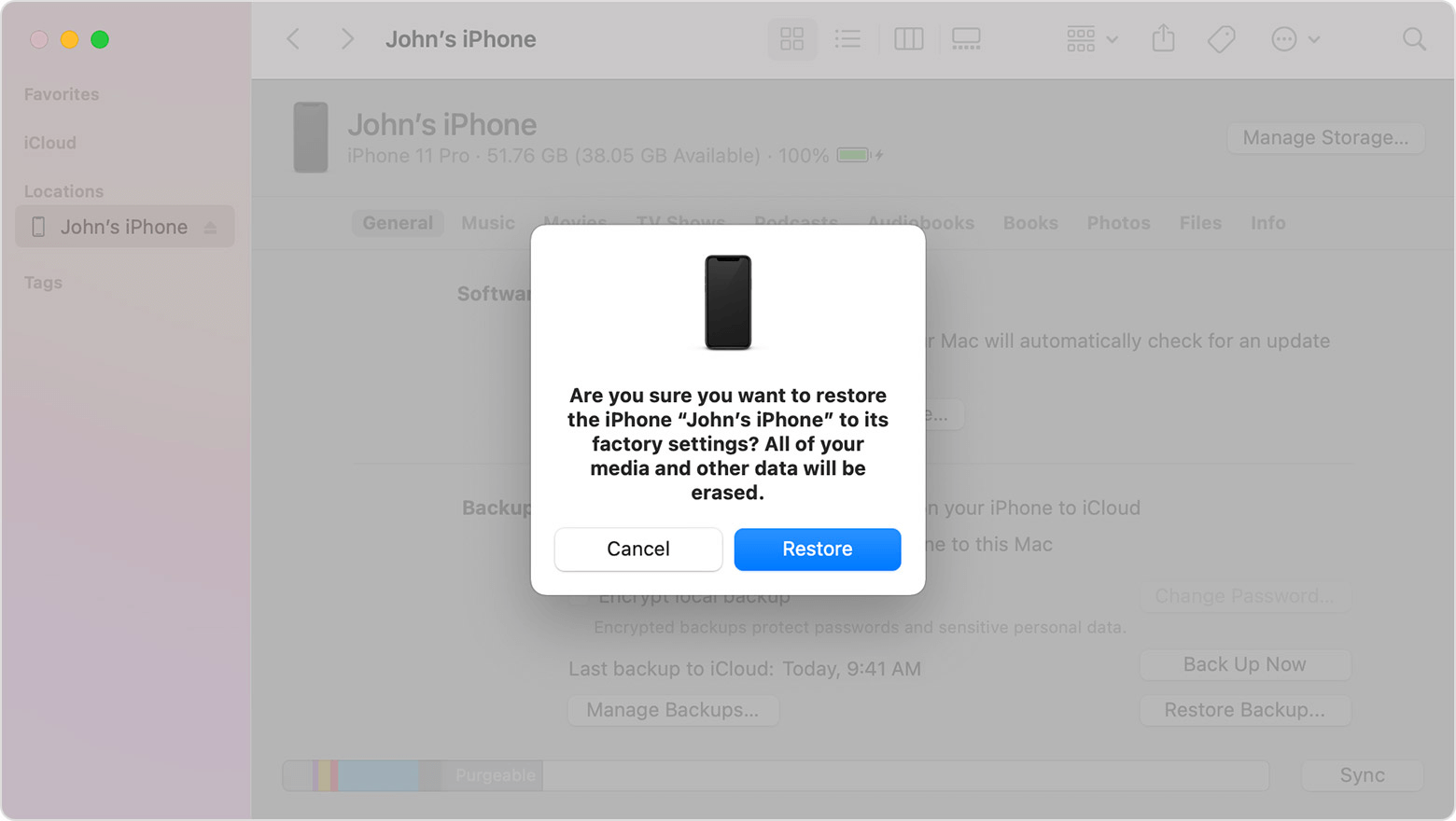confirm to restore iphone from itunes