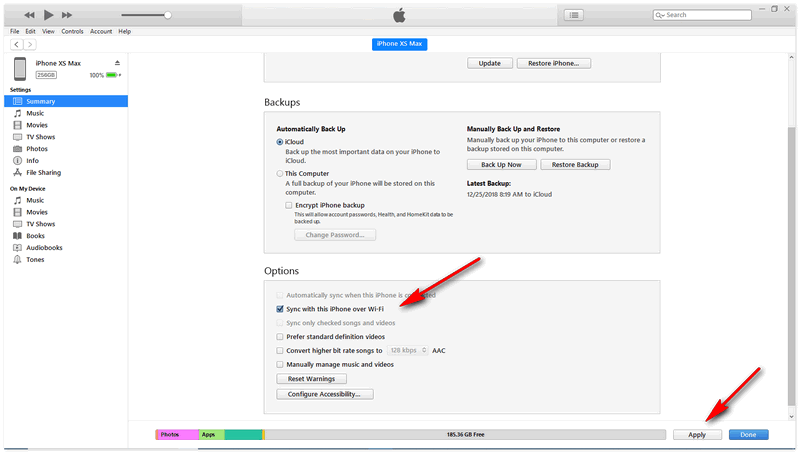 select to sync iphone over wifi in itunes