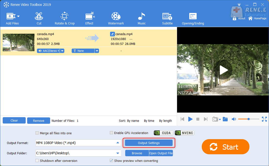 click to set output settings in renee video editor pro