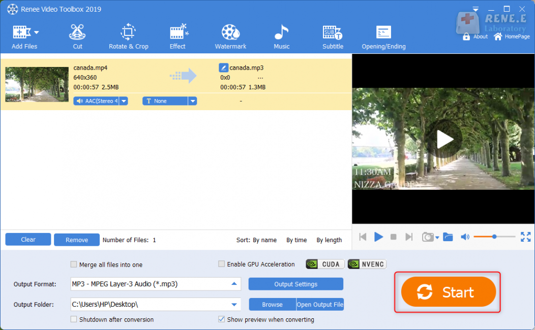 convert mpeg to mp3 and save mp3 audio file in renee video editor pro