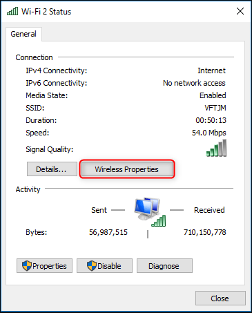 check the wireless properties in wlan status