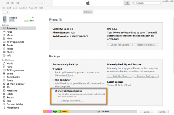 how to encrypt iphone back up in itunes