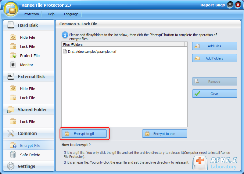 click to encrypt file to gfl with renee file protector