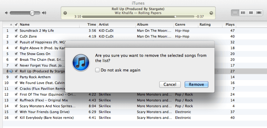 confirm to remove the song from playlist in itunes