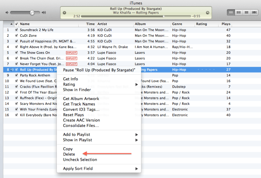 remove songs from playlist in itunes