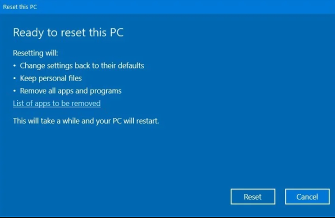 confirm to reset this pc but keep the personal files