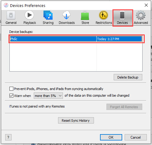 how to delete backups within itunes on windows