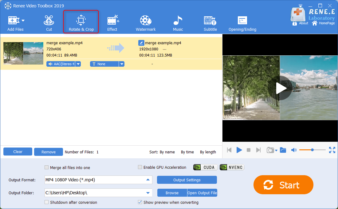 click to crop the dual screen video in renee video editor pro