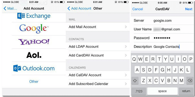 fill in the account and password to log in carddav