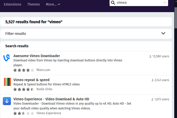 select one of the search results in vimeo