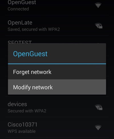 long press to modify network on android